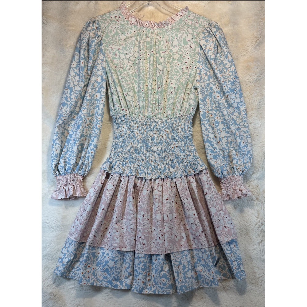Stellah Smocked Waist Multi Color Tiered Ruffle‎ Floral Mini Dress Size S Spring
